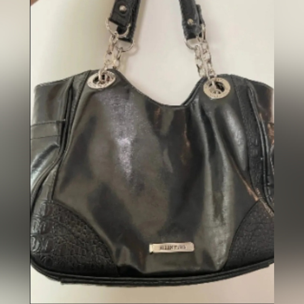 Ellen Tracy Black Lined Multi Compartment Chain Accent Shoulder Bag